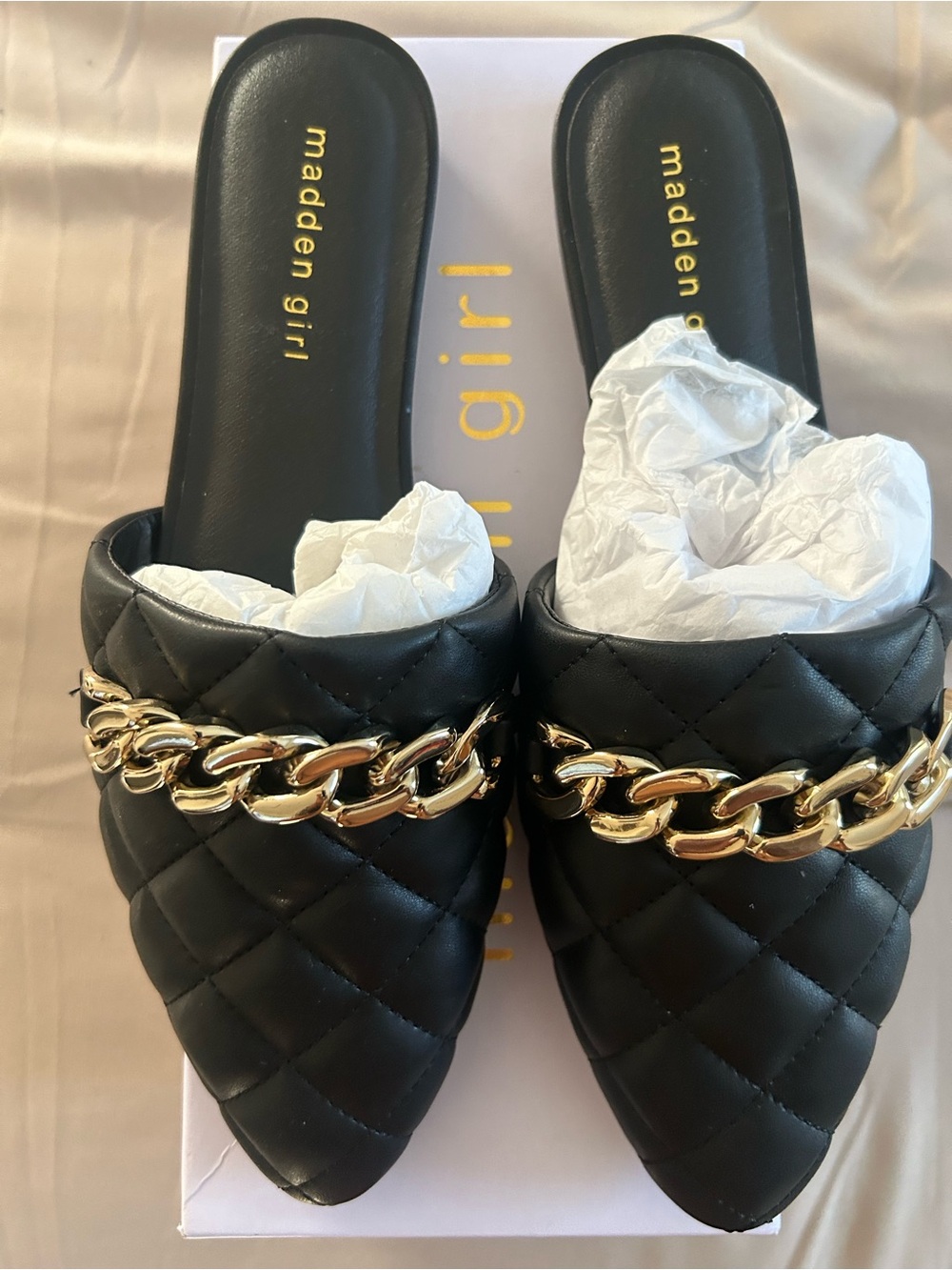 Madden Girl Black Quilted Pointed Mules with Gold Chain